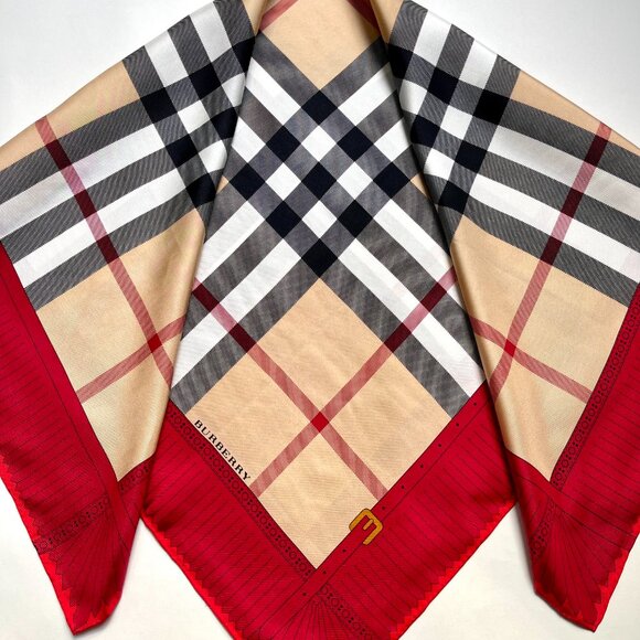 New Burberry Scarf Logo Iconic Beige Check Red Border Silk Wrap - Picture 15 of 15